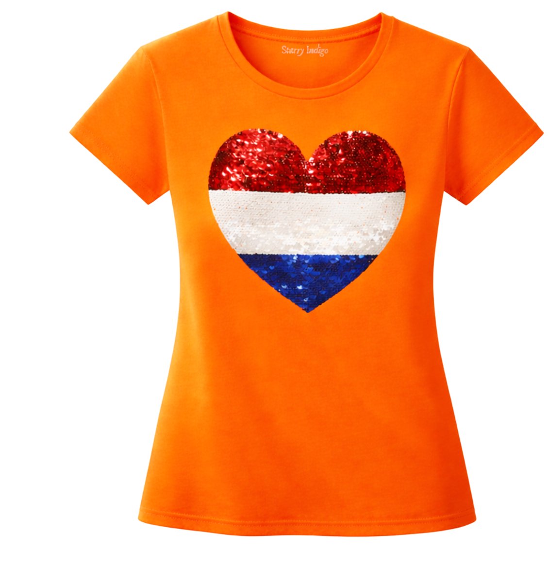 Oranje shirt Dames Slim fit T-shirt Nederlandse vlag met Hart magic sequence | koningsdag kleding| Holland | EK-WK-Olympische Spelen | Oranje | maat XS/170