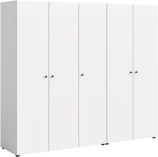 Gesloten witte kledingkast met vijf deuren, afmetingen 200 x 176 x 51 cm.