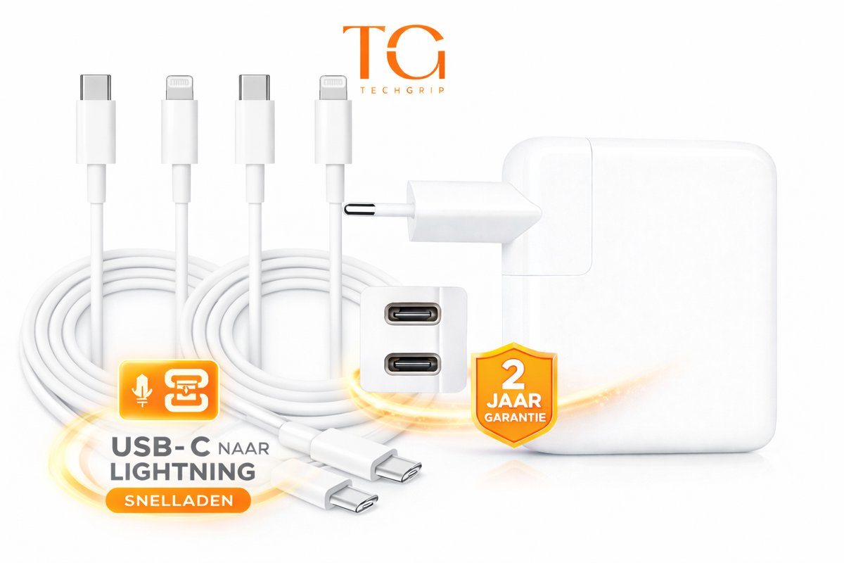 Oplader 35W USB-C Snellader met 2 USB-C Aansluitingen Inclusief 2 Stuks Oplaadkabel 1 Meter USB-C Naar Lightning Snoer - Quick Charge Adapter - Laadstekker Inclusief Kabel Set Geschikt iPad | iPhone 10-11-12-13-14-Pro-Max-Plus-Mini