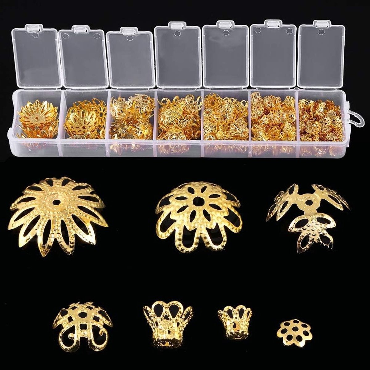 Kralenkappen in 2 Kleuren, 300 Stuks, 7 Maten, Bloemvormige Kralenkappen voor Sieraden, Decoratieve Metaalaccessoires voor Handgemaakte Sieraden
