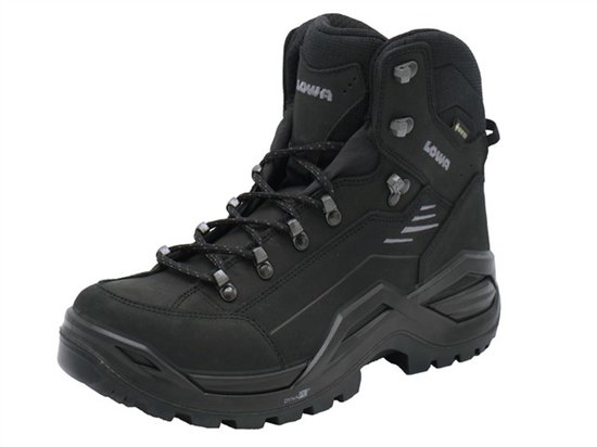 Zwarte Lowa Renegade GTX wandelschoen met veters, Gore-Tex logo en dikke zool.