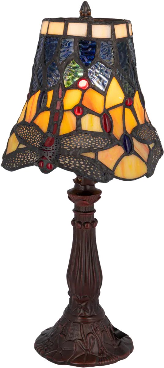 Tiffany tafellamp Libelle - Geel-blauw - Ø 16,5 cm - Glas in lood - Warm licht - Dragonfly - Klassiek | RORUVERA