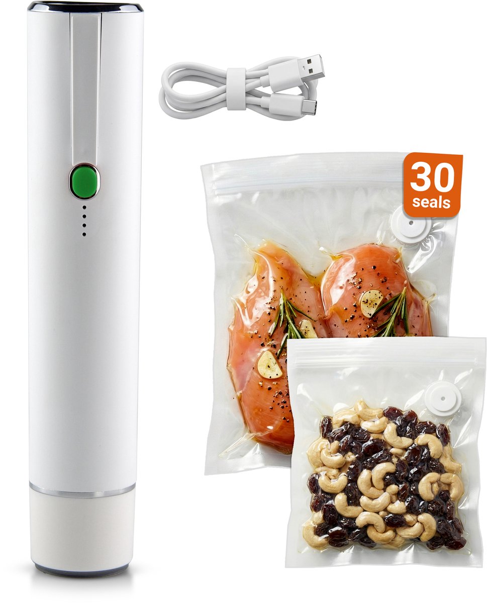 Industor® Vacumeermachine – Draadloze Vacuum Sealer – Krachtige Vacuümkracht – Inclusief 30 Herbruikbare Vacuümzakken – USB-C Oplaadbaar – Compact & Lichtgewicht