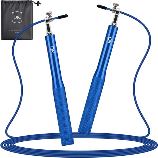 Blauw sport springtouw met DK. logo, opberghoes, blauwe kabel
