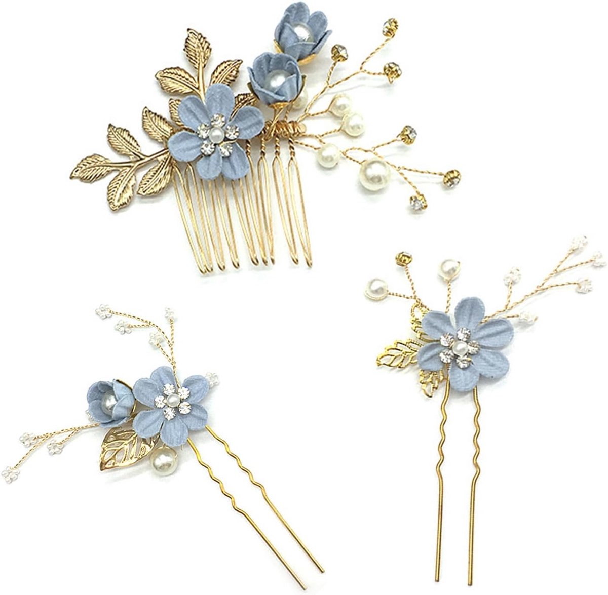 Elegante Haaraccessoires Set voor Bruidskapsels - Strass Haarcombs en Bloemige Haarspelden voor een Perfecte Bruiloft (Blauw)