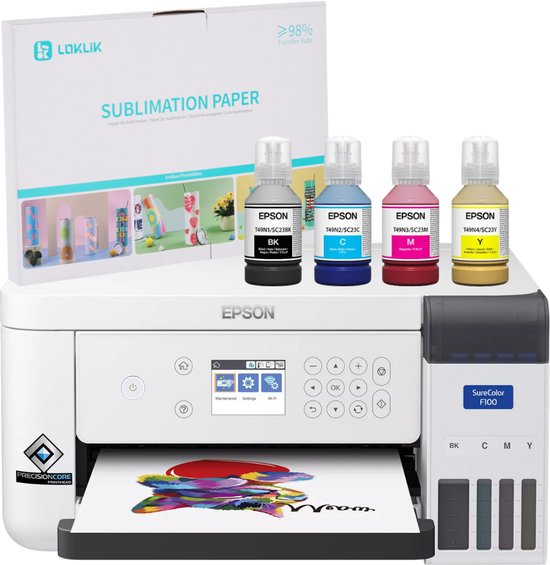 Witte Epson SureColor F100 printer met een pak sublimatiepapier en vier flessen inkt (zwart, cyaan, magenta, geel).