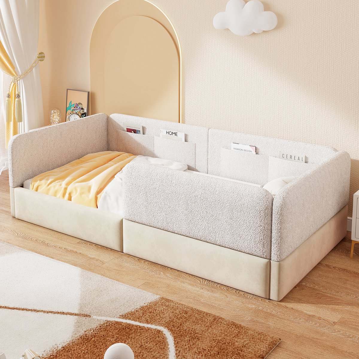 Sweiko Kinderbed - 90 x 200 cm - Gestoffeerd bed - met veiligheidshek - Wit + Beige