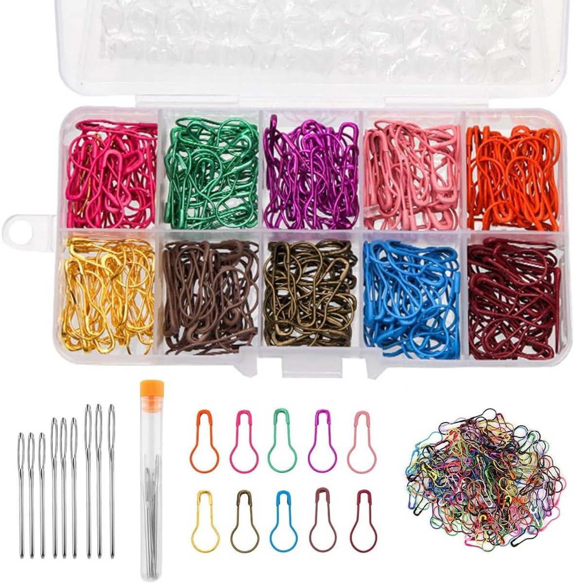 Set van 300 breimarkers in 10 kleuren met 9 handnaalden en opbergdoos, handige accessoires voor breien en haken