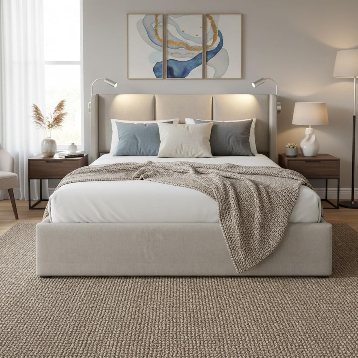 Gestoffeerd Bed - Frame Bed - Slaapkamer Meubel - Met Leeslamp - 160x200 cm - Beige