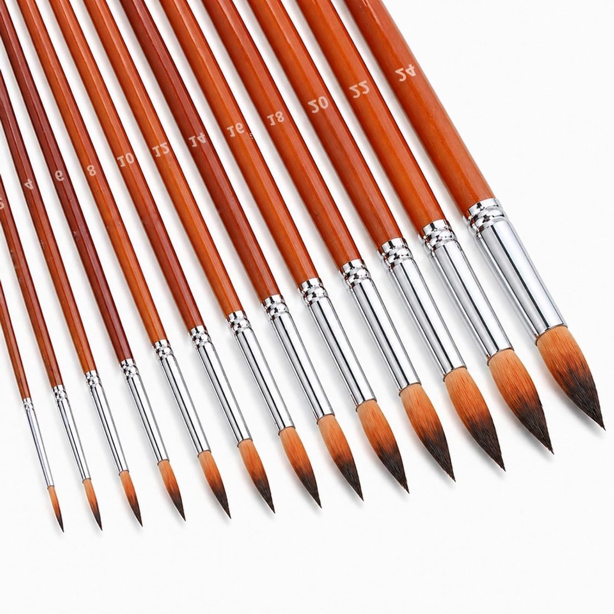Set van 13 Waterverf Penselen met Ronde Nylon Punt en Houten Handvat voor Acryl en Olieverf Detailwerk