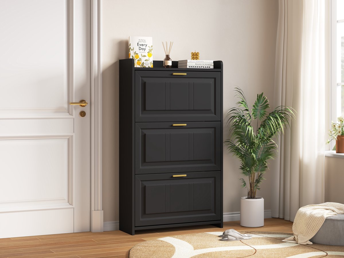 Schoenenkast - Zwart met 6 kantelvakken & 3 deuren - 70x24x120 cm