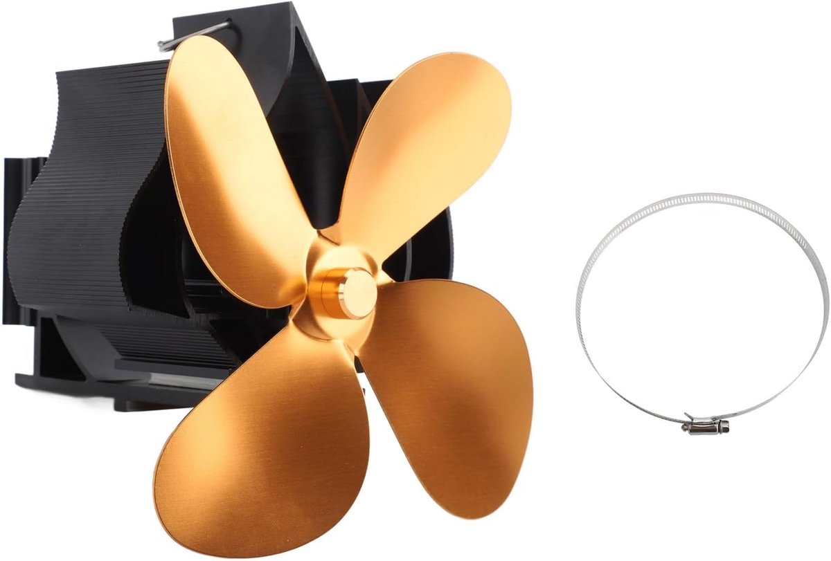 Haard Ventilator - Warmte Ventilator - Efficiënte Warmte - 4 Bladen - 21 x 20 x 16 cm - Goud
