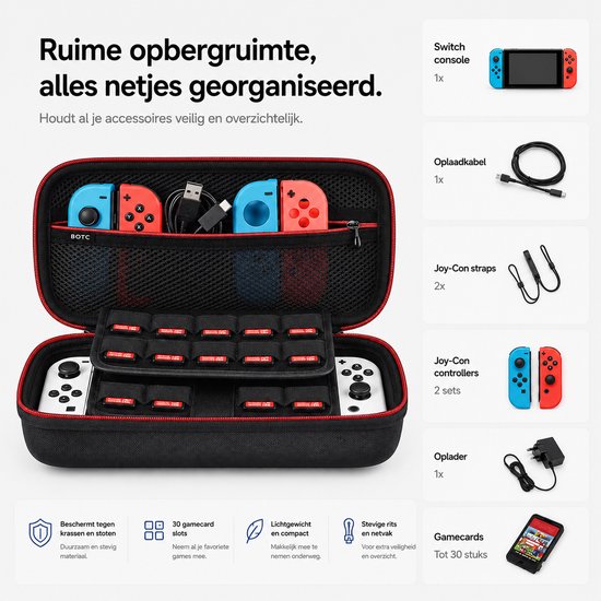 Open zwarte hoes met rode rand, waarin een Switch-console, controllers, kabels en 30 games zijn opgeborgen.