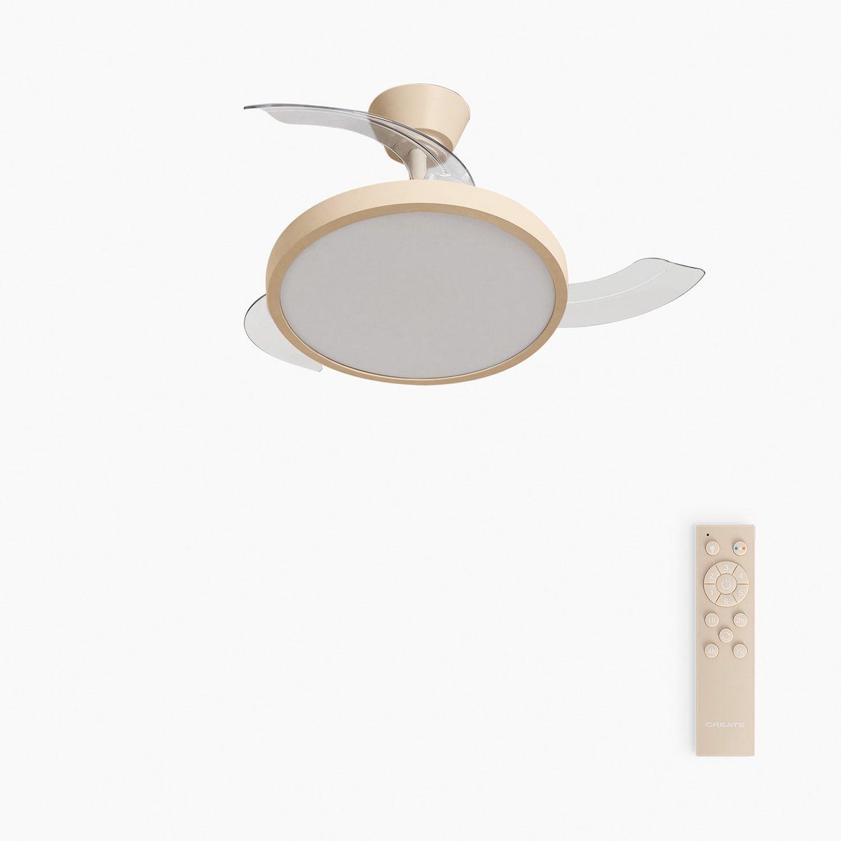 CREATE - Plafondventilator 40W stil met intrekbare bladen met licht - Ø91cm - Zand - Afstandsbediening - WIND CLEAR STUDIO