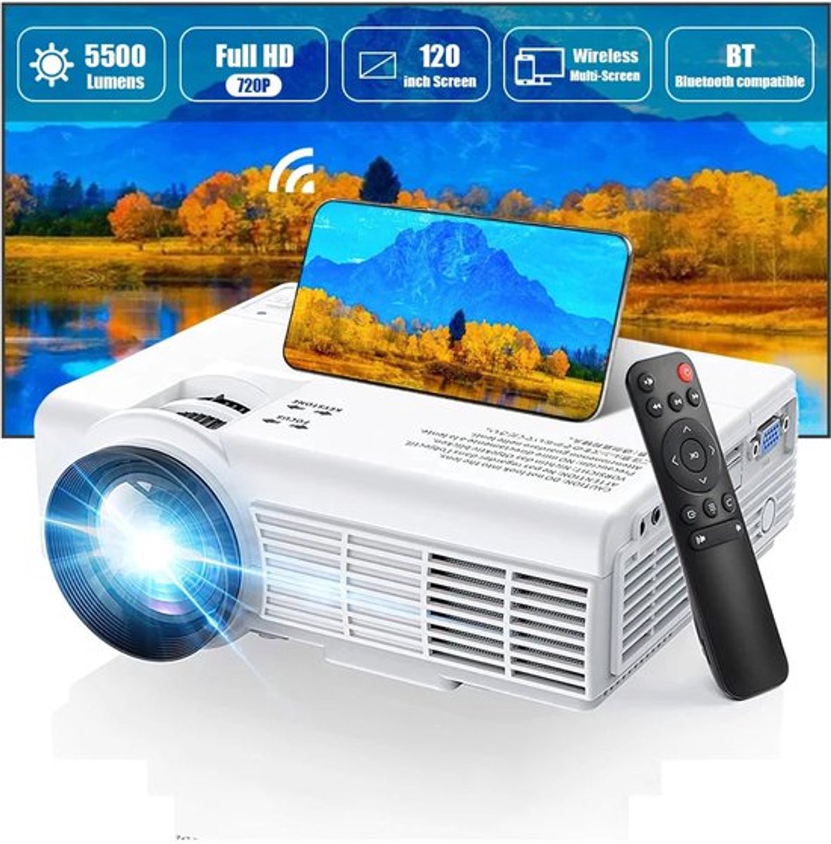 Yowhick - Beamer - Projector Beamer - Mini Meamer - 1080P - Automatische focus - met WiFi - 5G+2.4G Wireless Connection - Wit