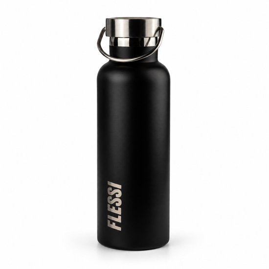 Flessi® Geïsoleerde RVS Drinkfles 750ml – Dubbelwandig – 0% Plastic – BPA-vrij – Lekvrije Thermosfles, RVS Waterfles & Drinkbeker voor Volwassenen – RVS dop – Zwart