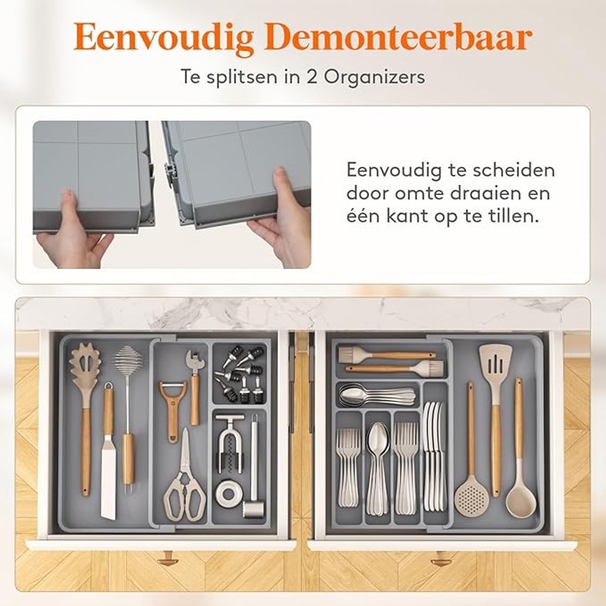 Uitbreidbare Besteklade Organizer - Groot Model - Grijs