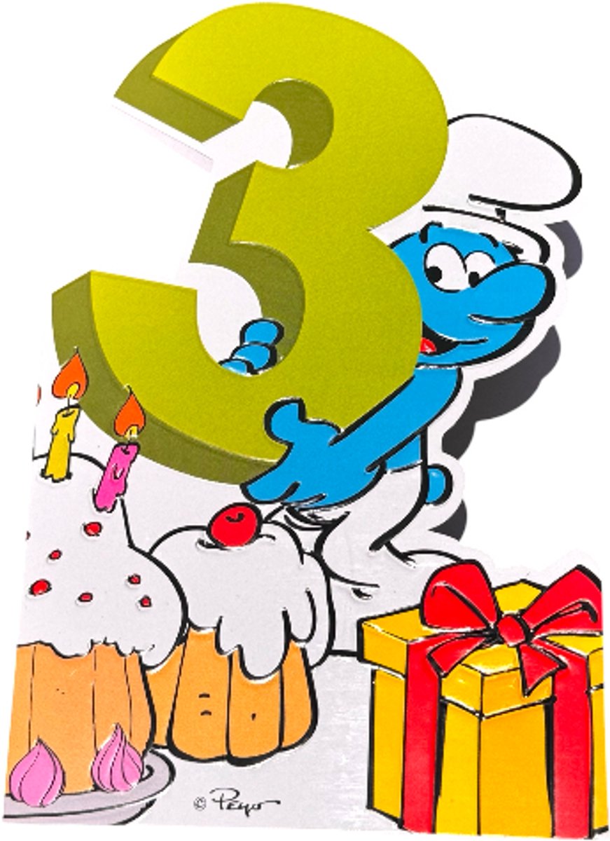 Lolsmurf met een Cadeau – De Smurfen Reliëf Verjaardagskaart – 3 Jaar – Cromo – 11,5 x 17 cm