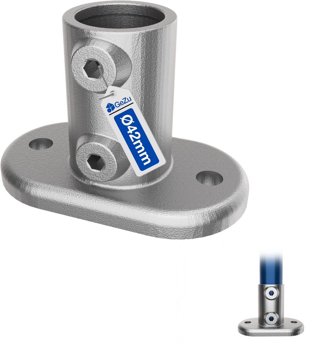 GeZu Impex Buiskoppeling Voetplaat Ovaal Ø42mm Thermisch Verzinkt Zilver
