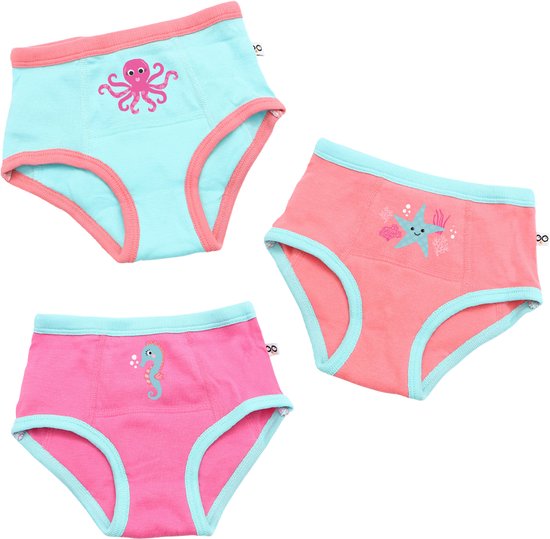 Drie oefenbroekjes: een blauwe met octopus, een roze met zeester, en een roze met zeepaardje.
