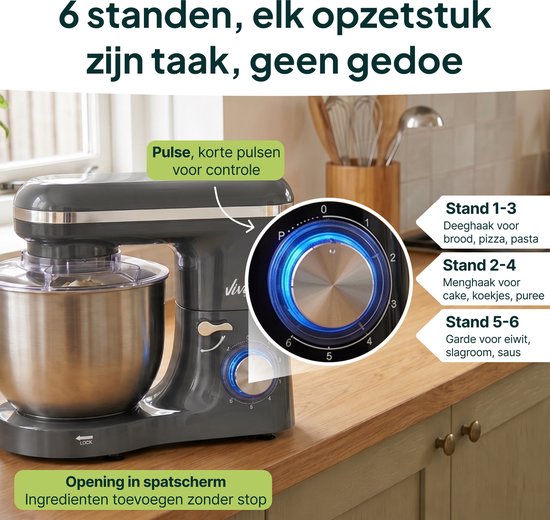 Donkergrijze keukenmixer met 6 standen en 6,2L mengkom. Bedieningsknop met blauwe LED-verlichting toont standen 0-6.