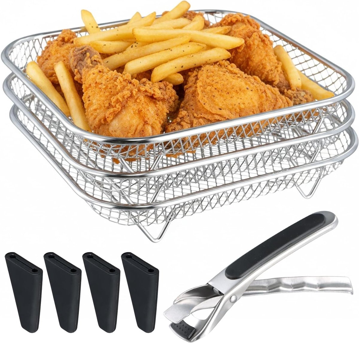 Stackbare Air Fryer Rek van 304 RVS, 20 cm Accessoire voor Airfryer, Vierkante Baskets voor Efficiënt Koken en Gezond Bakken