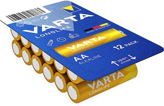 Piles alcalines Varta Longlife AA, pack de 12, argenté avec des détails dorés.