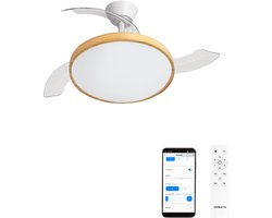 CREATE - Plafondventilator 40W stil met intrekbare bladen met licht - Ø108cm - Wit / Licht hout - WIFI + Afstandsbediening - WIND CLEAR STUDIO