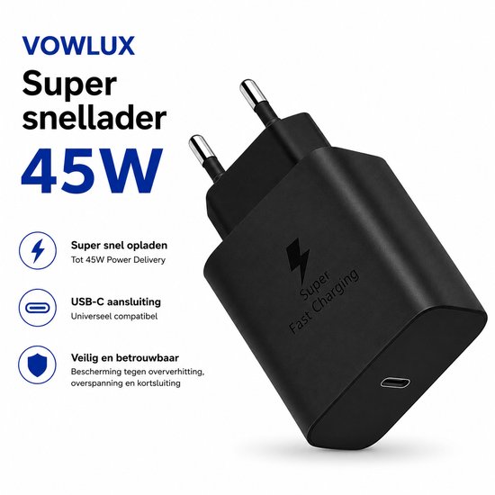 45W USB-C Snellader Adapter Power Delivery PD Oplader voor Smartphone, Tablet, Laptop – Zwart VOWLUX