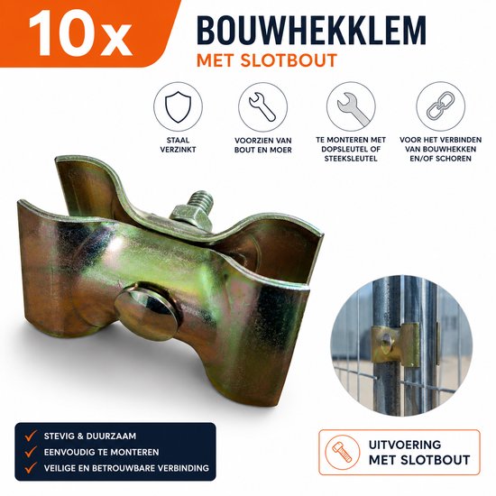 10x bouwhekklem met slotbout, verzinkt staal. Voor het verbinden van bouwhekken en schoren.
