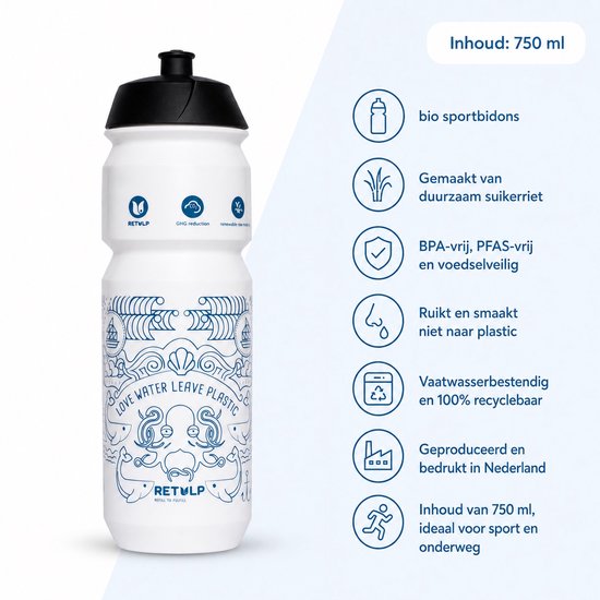 Retulp Bio Bidon Pakket - Bidons - Waterflessen - Sport - Waterfles - Drinkfles - Bidon - 750 ml - 2 stuks - Blauw — afbeelding 2