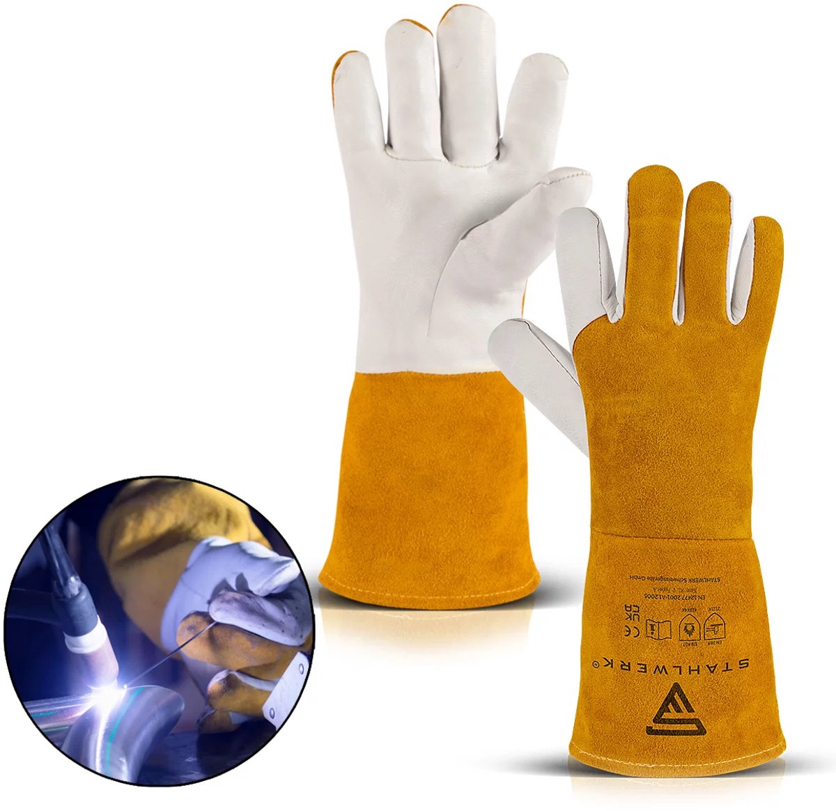STAHLWERK lashandschoenen, beschermende kleding, echt leer voor WIG / TIG / MIG / MAG / MMA / plasma, hitte- en brandwerend, wit-geel