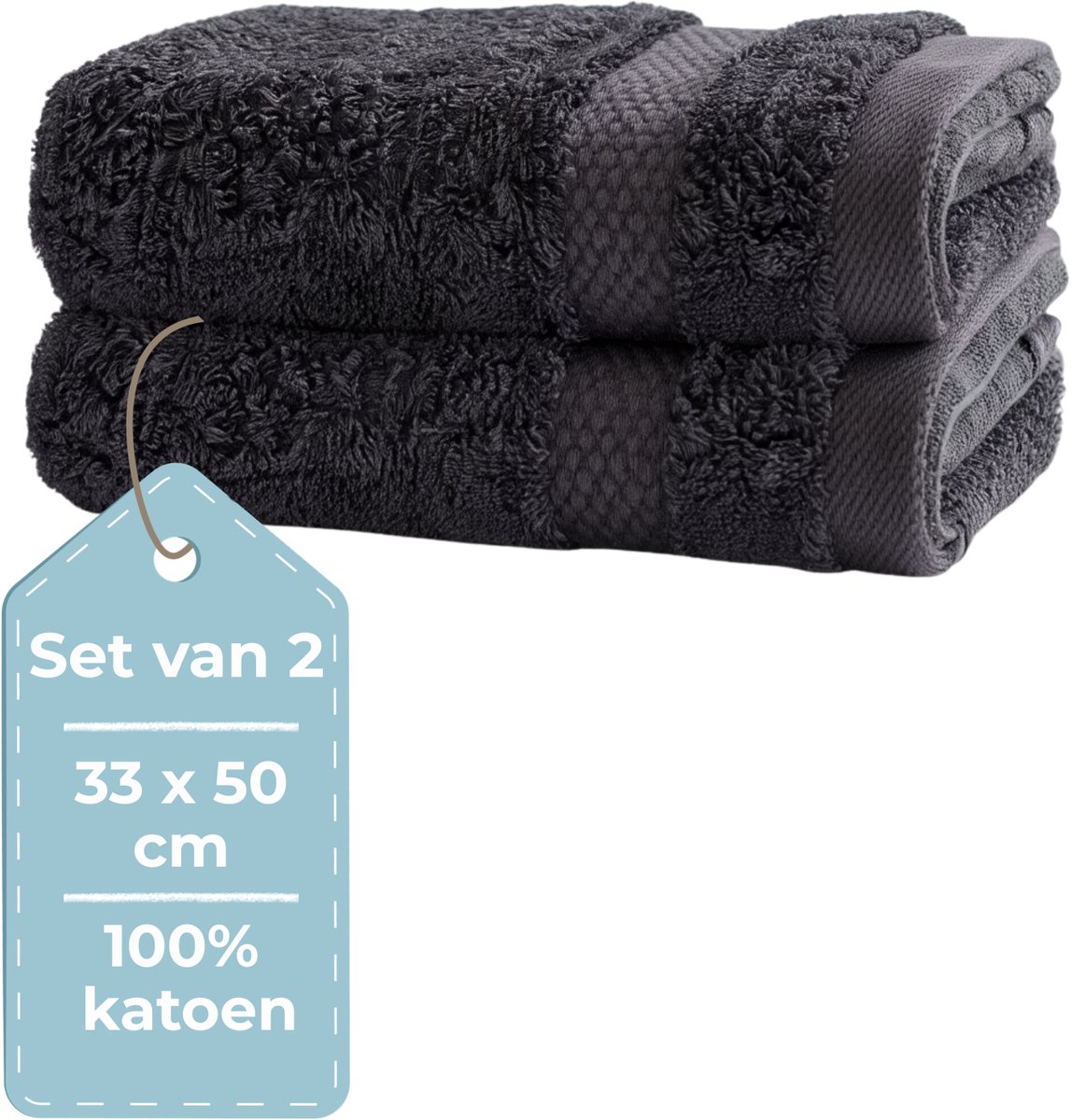 HUSH Living Gastendoek - set van 2 - 33×50 cm - 100% katoen - zware kwaliteit 500g/m2 - stijlvol boord en ophanglus - antraciet