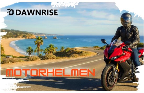 Motorrijder op een rode sportmotor met helm, langs de kust.