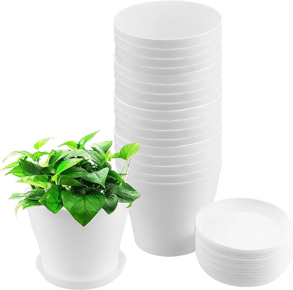 Set van 20 ronde witte plastic plantenpotten 14x10x12cm met schotel en afvoergaten voor binnen- en buitenplanten