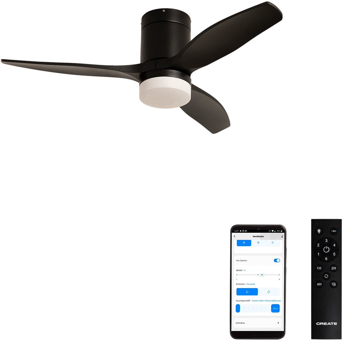 CREATE - Stille 40W plafondventilator met technische ABS bladen (Ø112cm) (ruimtes ≤10m²) - Zwart - Met licht - WIFI+Afstandsbediening - WIND CALM