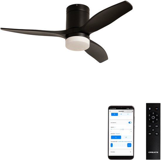 Stille plafondventilator Ø112 cm voor kleine ruimtes ≤10m², ABS bladen, IP44, LED licht, wifi, afstandsbediening