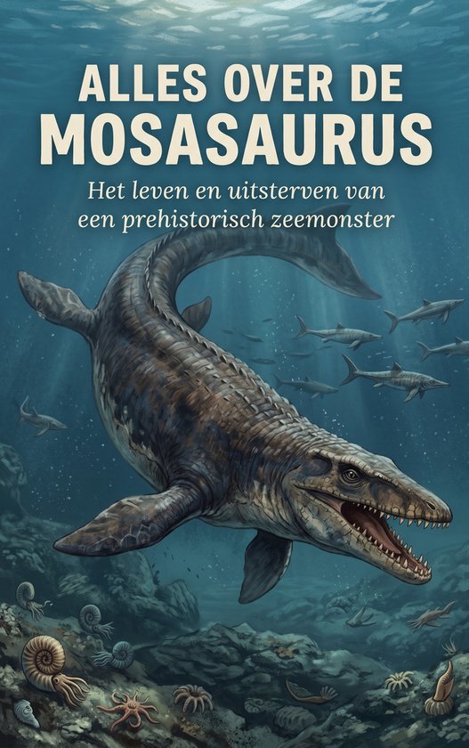 De Mosasaurus, een prehistorisch zeemonster, zwemt in de oceaan met vissen om zich heen. Tekst: ALLES OVER DE MOSASAURUS
