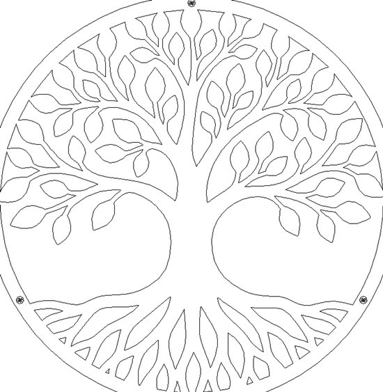 Schematische tekening van een rond wanddecoratie 'Tree of Life' met takken en wortels, omrand door cirkel.
