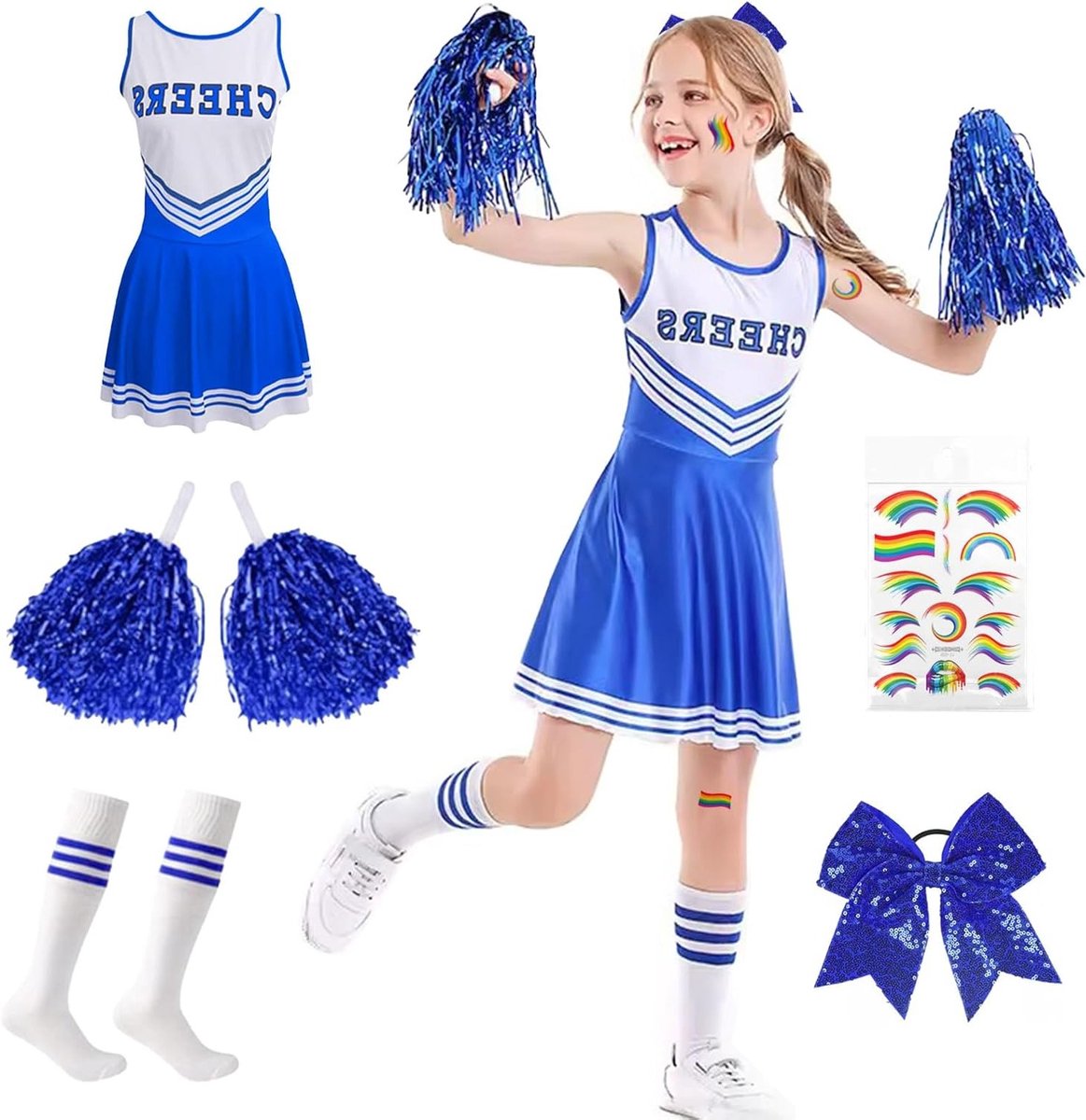 Kleurrijk Cheerleader Kostuum voor Kinderen met Jurk, Pompoms, Sokken en Accessoires voor Carnavalsfeestjes