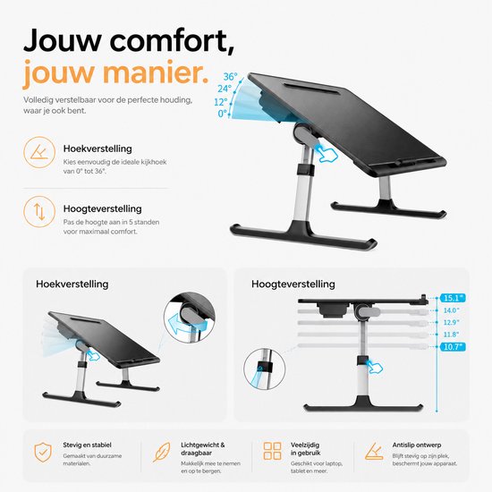 Zwarte verstelbare laptoptafel met diverse hoek- en hoogtestanden. Met 'Hoekverstelling' en 'Hoogteverstelling' in tekst.