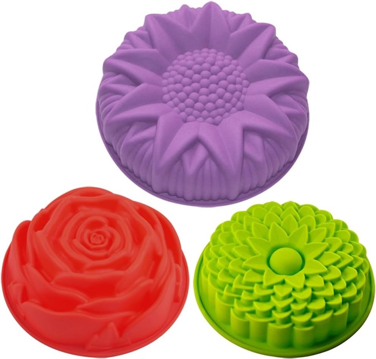 Siliconen mallen met bloemenpatroon voor het maken van taarten, brood en desserts - grote ronde zonnebloem, chrysant en roos in geel, rood en violet
