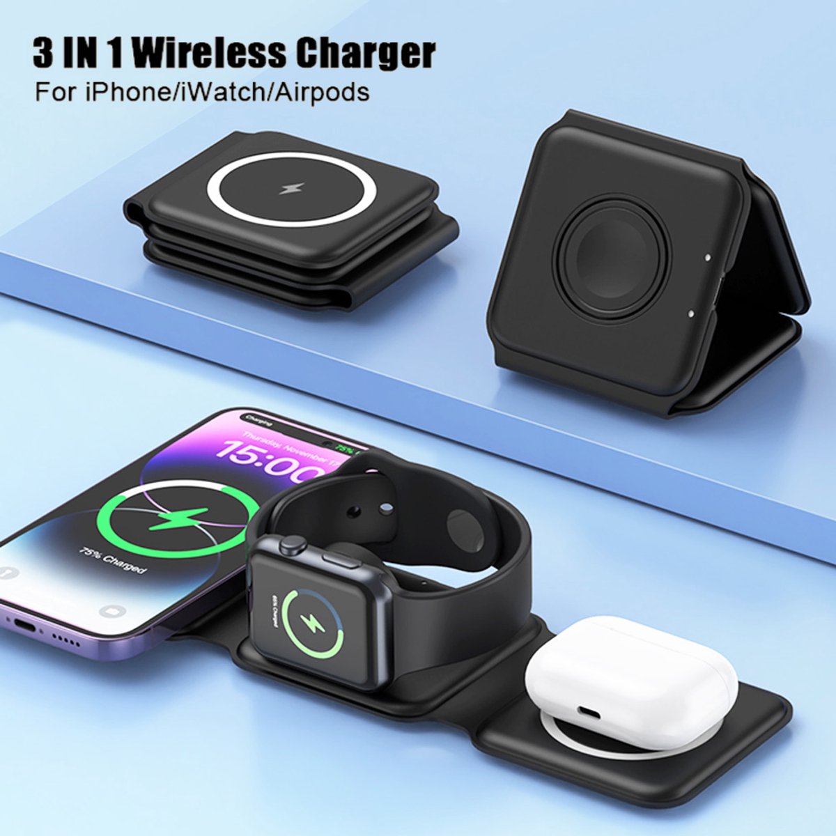 3-in-1 Magnetische Draadloze Oplader – Opvouwbaar – 15W Snellader – iPhone, Apple Watch, AirPods & Qi-apparaten