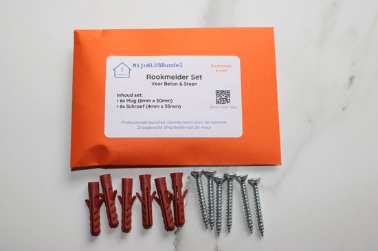 MijnKLUSBundel Rookmelder Set voor Beton & Steen met 6 pluggen (6mm x 30mm) en 6 schroeven (4mm x 35mm). Boormaat 6mm.