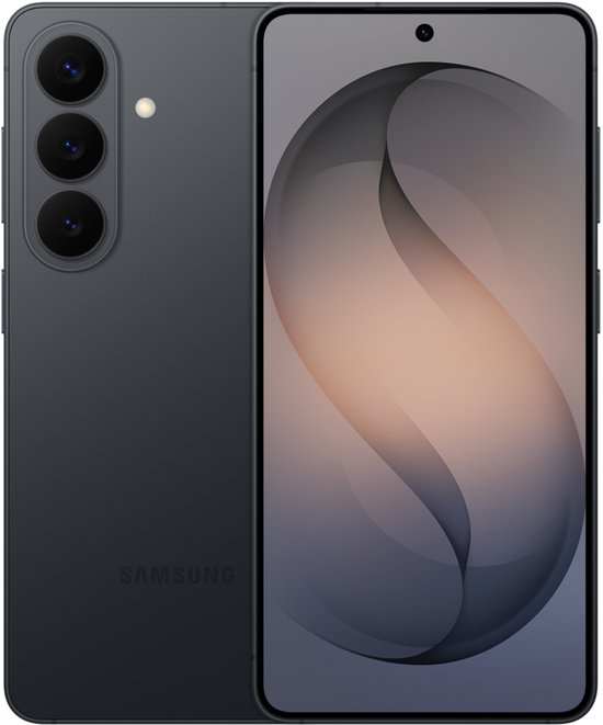Donkergrijze smartphone met de voor- en achterkant getoond.