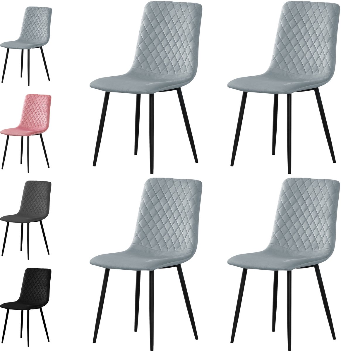 xDays Eetkamerstoelen Set van 4 Grijs - Fluwelen Stoelen met Diamantpatroon - Metalen Poten - Ergonomisch - Krasbestendige Viltjes - 125 kg Draagvermogen