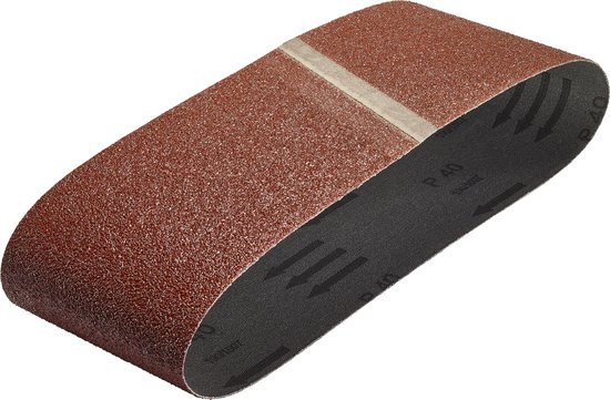 Eén gebogen schuurband in de kleur roodbruin met een lichtere streep in het midden en pijlen aan de binnenkant.