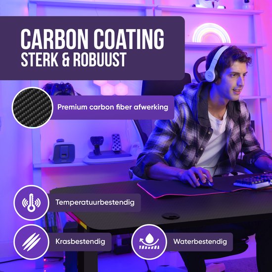 Gaming bureau met koolstofvezel afwerking, sterk, robuust, temperatuur-, kras- en waterbestendig.