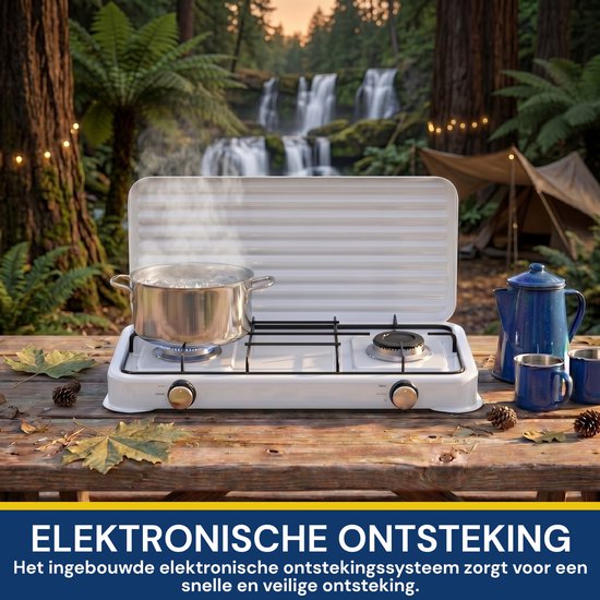 Royal Swiss® 2-Pits Gaskooktoestel Wit - 4.4KW Krachtige LPG Gasfornuis - Met Elektrische Ontsteking en Deksel - Draagbaar Camping Kooktoestel van Royal Swiss — afbeelding 3