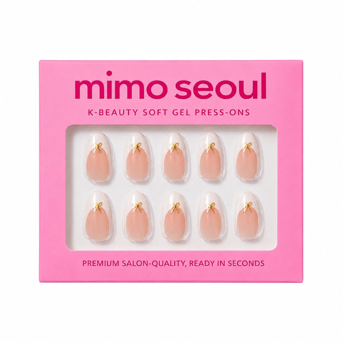 Mimo Seoul Plaknagels Nepnagels - French Nagels Ribbon Romance Short Almond Soft Gel Press On Nails 30 stuks - Herbruikbaar 14 Dagen